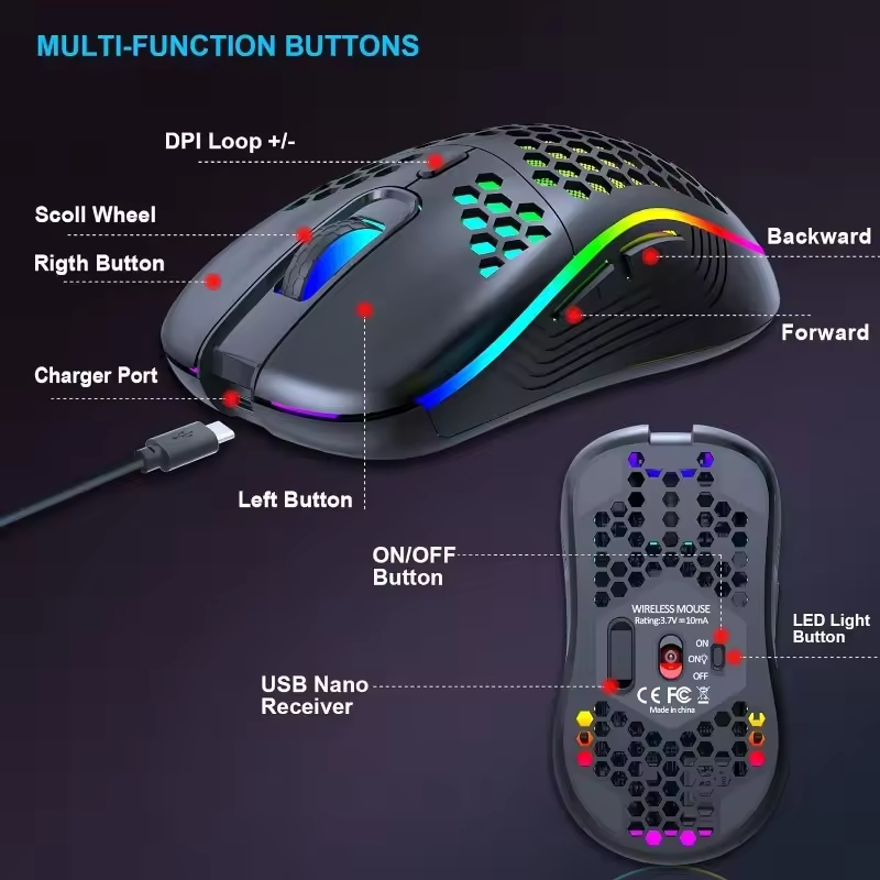 6D 7200DPI Optical Sensor RGB Backlight Ergonomic Mice Wireless Gaming Mouse